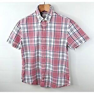 Sonoma Mens M Shirt Plaid Pink Blue White Short Sleeve Button Down Pocket Cotton